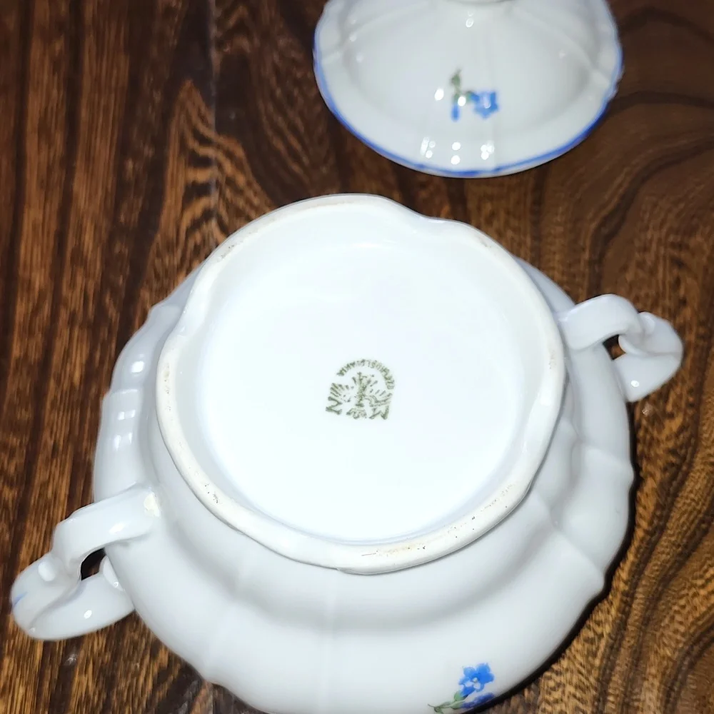 MZ CZECHOSLOVAKIA Floral White and Blue Ceramic Sugar Bowl